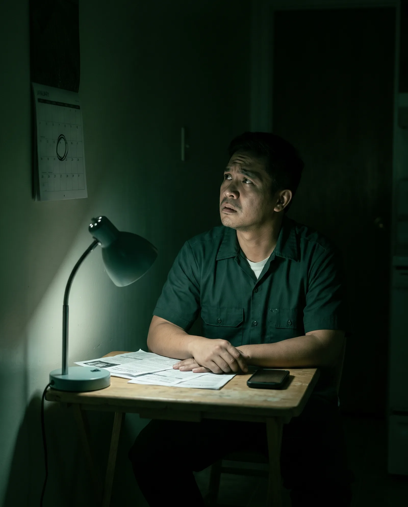 A man in a work polo at a small table at night under a lamp, court papers in front of him, a calendar on the wall