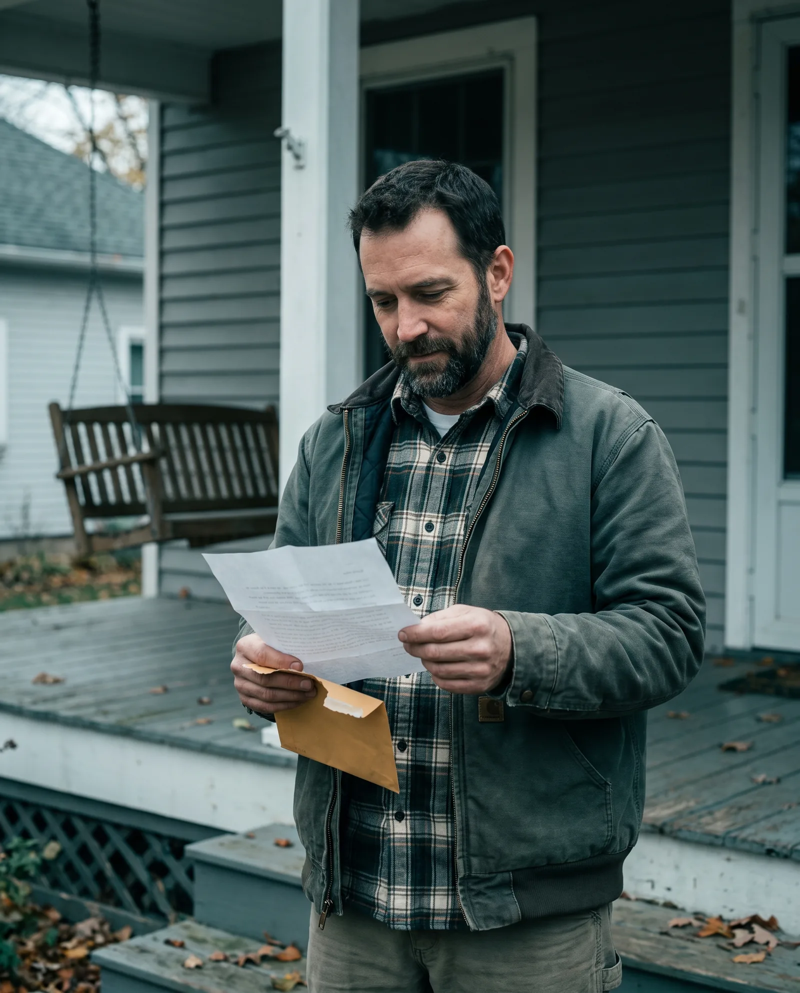 A bearded man on the porch of a grey clapboard Ohio house, reading a letter he has just opened, calm