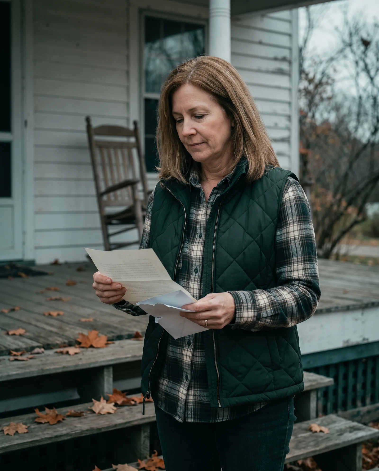 A woman in a quilted vest on the porch of a white clapboard Wisconsin farmhouse, reading a letter she has just opened, calm