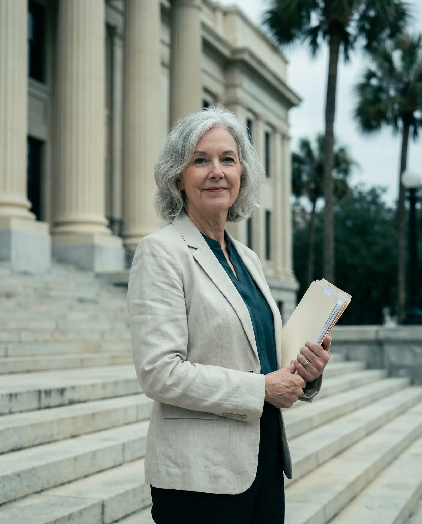 A woman with silver hair in a linen blazer on the steps of a columned courthouse with palms, holding a folder of documents, calm and confident