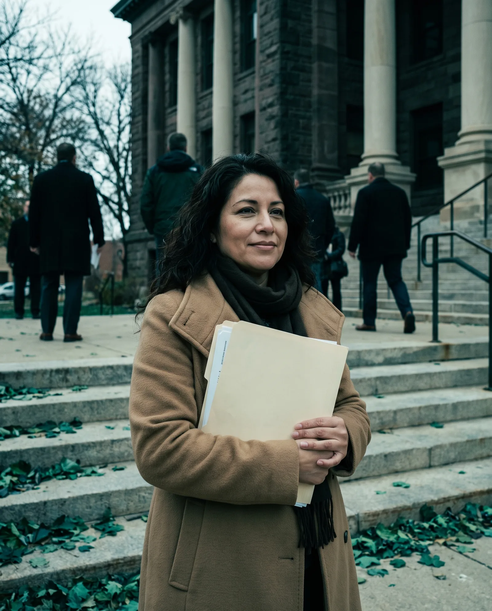 A woman in a camel coat on the stone steps of a columned courthouse, holding a folder of documents, calm and confident