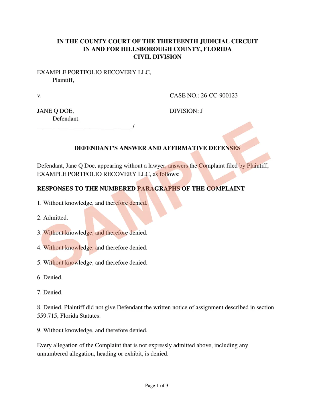 Page one of a sample Florida Answer prepared by MyCivilHelp for a fictitious defendant, watermarked SAMPLE
