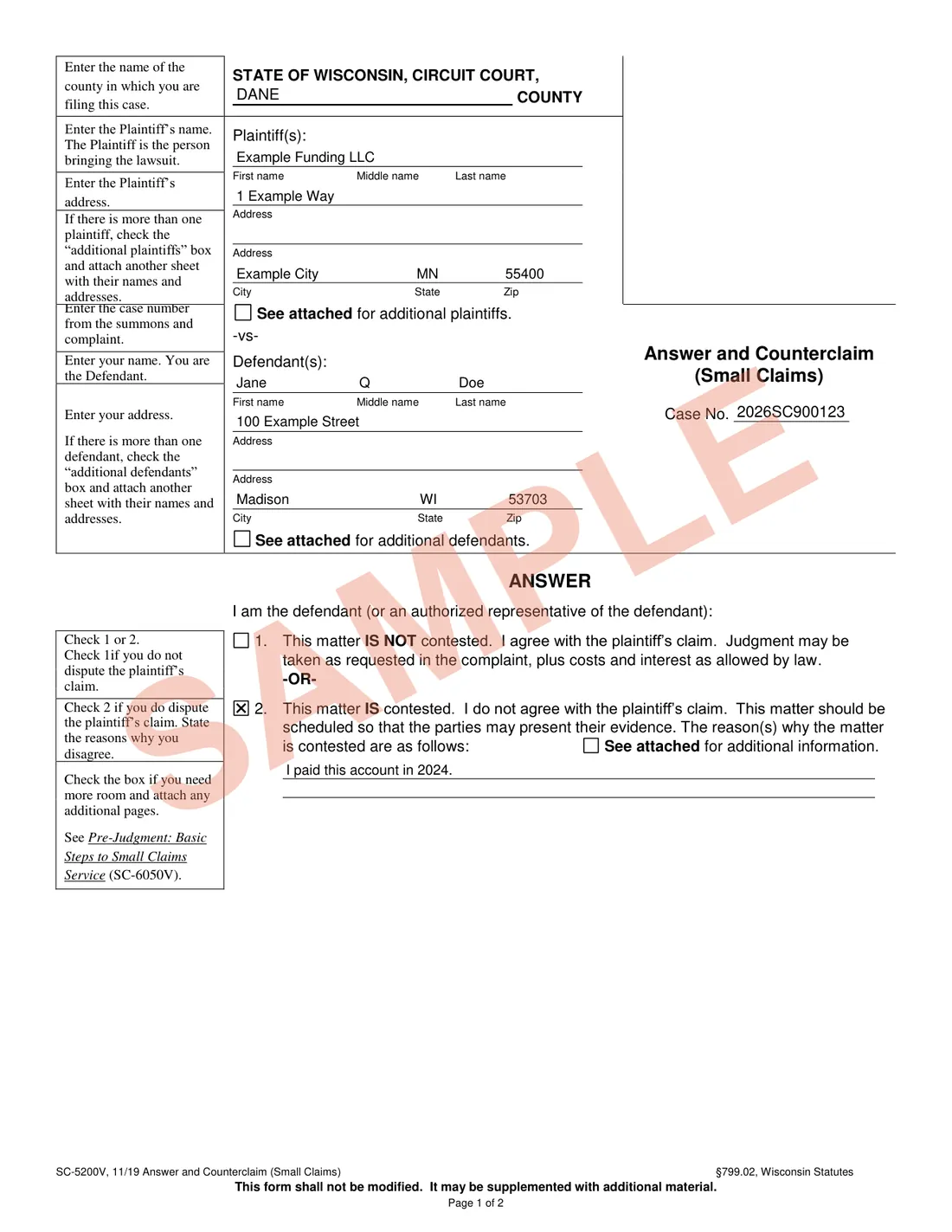 Page one of the Wisconsin small-claims answer form SC-5200V, completed by MyCivilHelp for a fictitious defendant, watermarked SAMPLE